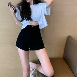 跨境欧美牛仔裤女2022春夏新款黑色高腰显瘦修身弹力直筒短裤热裤