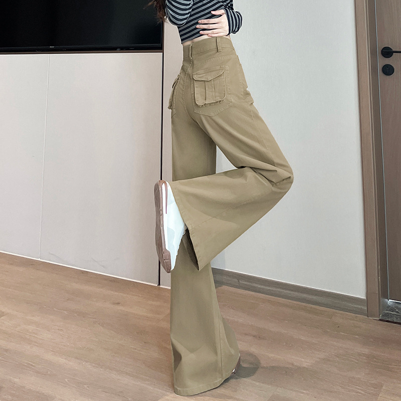 卡其色工装微喇牛仔裤女2025高腰宽松显瘦弹力不贴腿喇叭休闲裤子|undefined