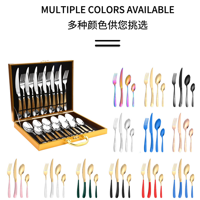 Amazon TikTok vajilla de acero inoxidable 24 piezas traje estrella diamante cuatro piezas principales cuchillo de comida occidental, tenedor y cuchara caja de regalo de oro