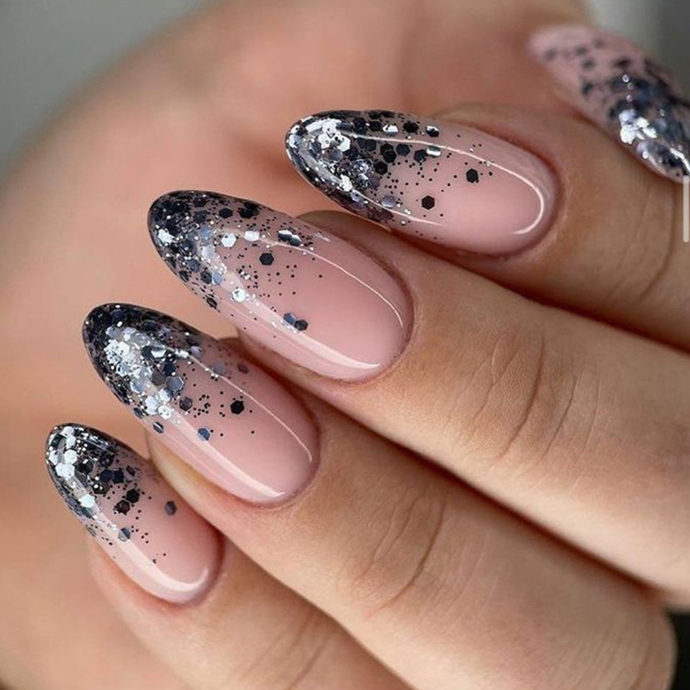 Ventas transfronterizas calientes desnudas polvo negro brillante manicure francés dulce y fresco ambiente de uso de parche de uñas 24 piezas de parche de uñas image 1