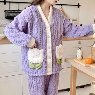 Коралловая бархатная флисовая пижама для молодой матери, осенний демисезонный фланелевый комплект для кормящих грудью, увеличенная толщина