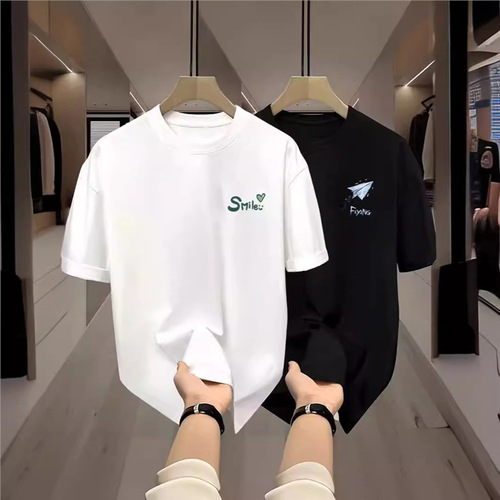 Summer Top Black Ice Silk Hong Kong Style Unisex T-Shirt Versatile Simple Top Couple Set Unisex Same Style Short Sleeve Trendy