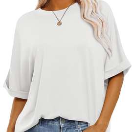 2025欧美跨境外贸春夏套头纯色圆领宽松短袖T恤上衣女现货马卡龙