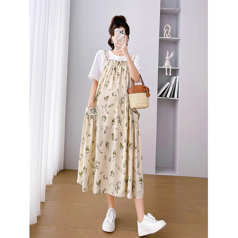 Pregnant Women's Summer Dress Long Chiffon Floral Strap Dress Summer Large Size Pastoral Dress for Late Pregnancy