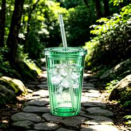 宿舍桌面 450ml 双层透明塑料吸管杯夜间自习装奶茶温水防烫喝水