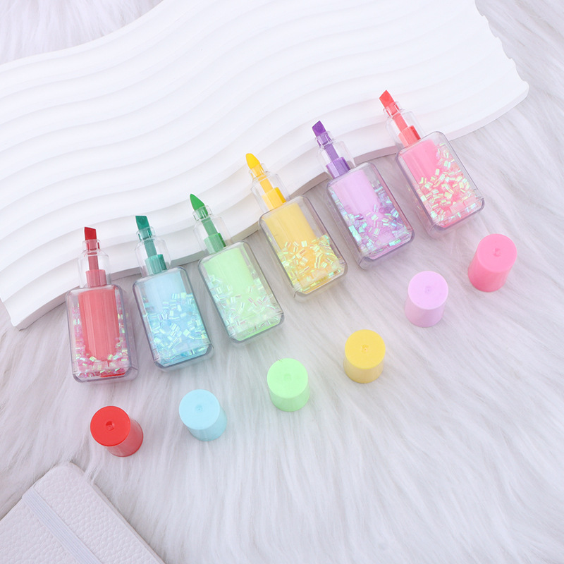 Pluma resaltador de botella de esmalte de uñas de forma linda, frasco corto de botella de una sola cabeza, lápiz labial, frasco de botella de lápiz labial de cuatro esquinas, bolígrafo de arena movediza