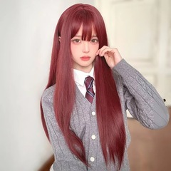 Human hair wig for female long sweet JK style Furong red straight hair full headset cosplay daily comic bangs raspberry red