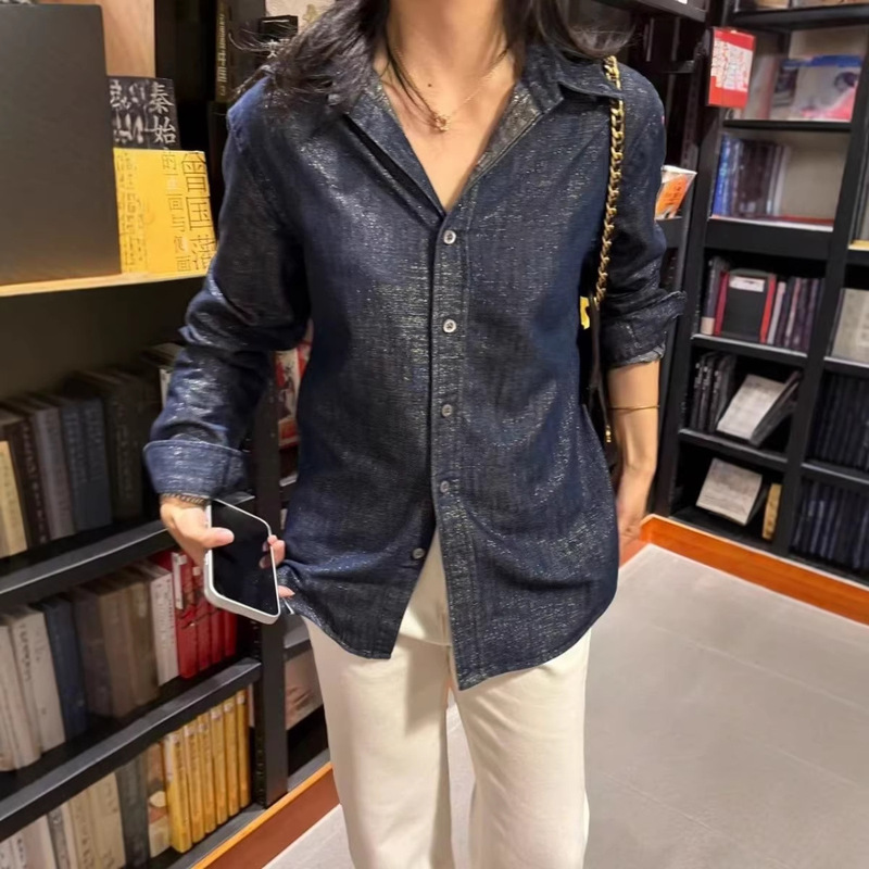 Bc Pure Original Gold Thread Denim Shirt for Women, New Design for the New Year, Niche Style Shirt, Retro Long-Sleeve Top