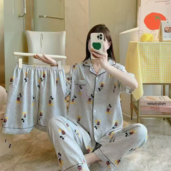Cloud Cotton Pajamas Spring and Summer Thin Printed Lapel Women's Home Clothes suit New Three-piece Cartoon Cute