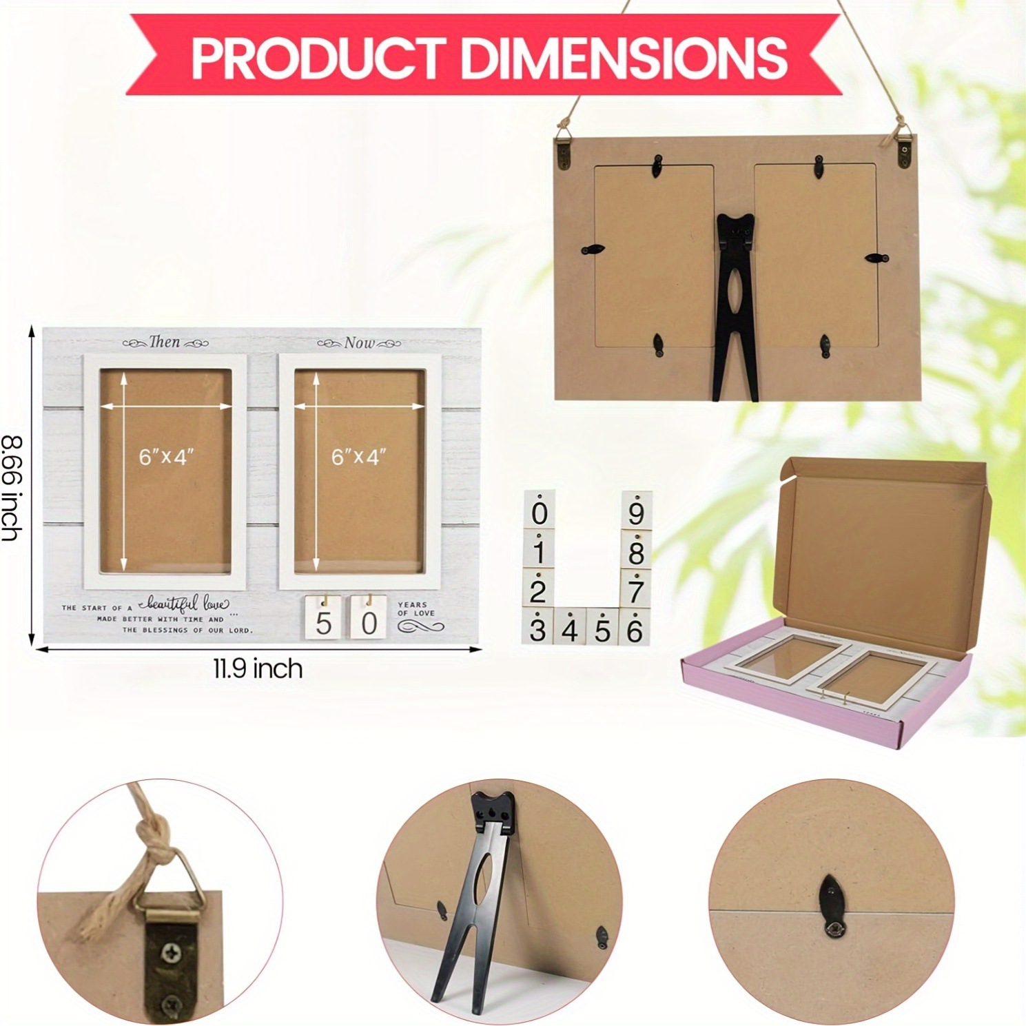 En stock Amazon creativo Aniversario de madera marco de fotos compromiso boda pareja con 4*6 pulgadas mesa de fotos