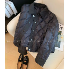 黑色菱格领棉服女秋冬新款短款小个子设计感轻薄棉衣外套