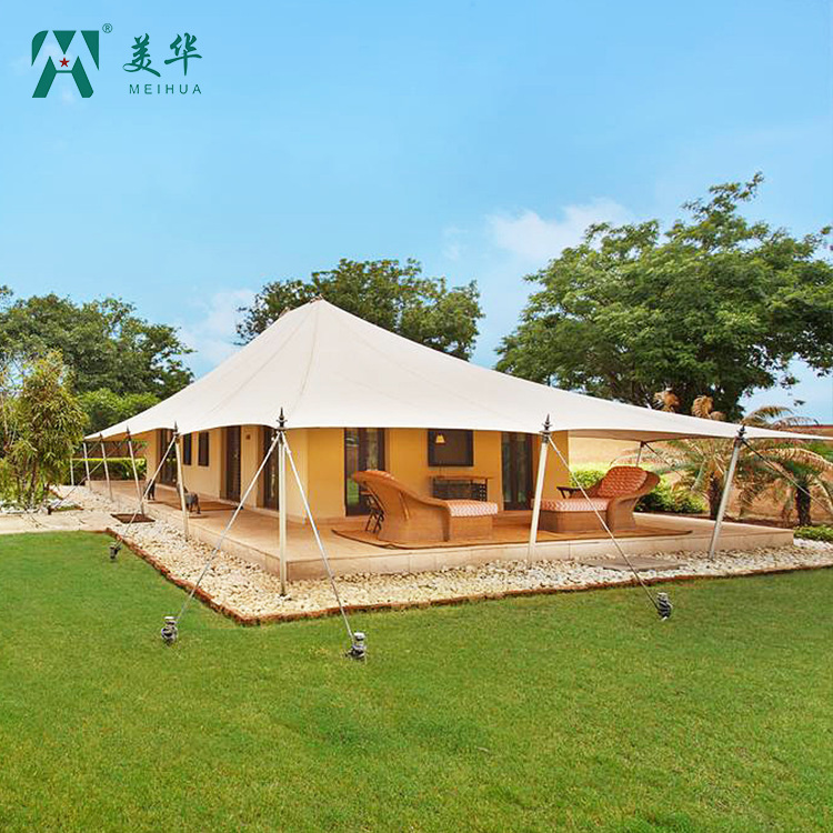 Hotel de tienda de campaña de pico único, atracciones al aire libre, techo de pendiente, tiendas de campaña de campo poligonal, fabricantes de tiendas de campaña de lujo