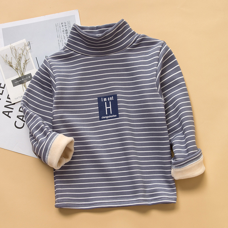 2025 camisa de fondo para niños, cuello medio alto más terciopelo, niños y niñas, rayas, manga larga, abrigo, ropa infantil coreana de moda de otoño e invierno