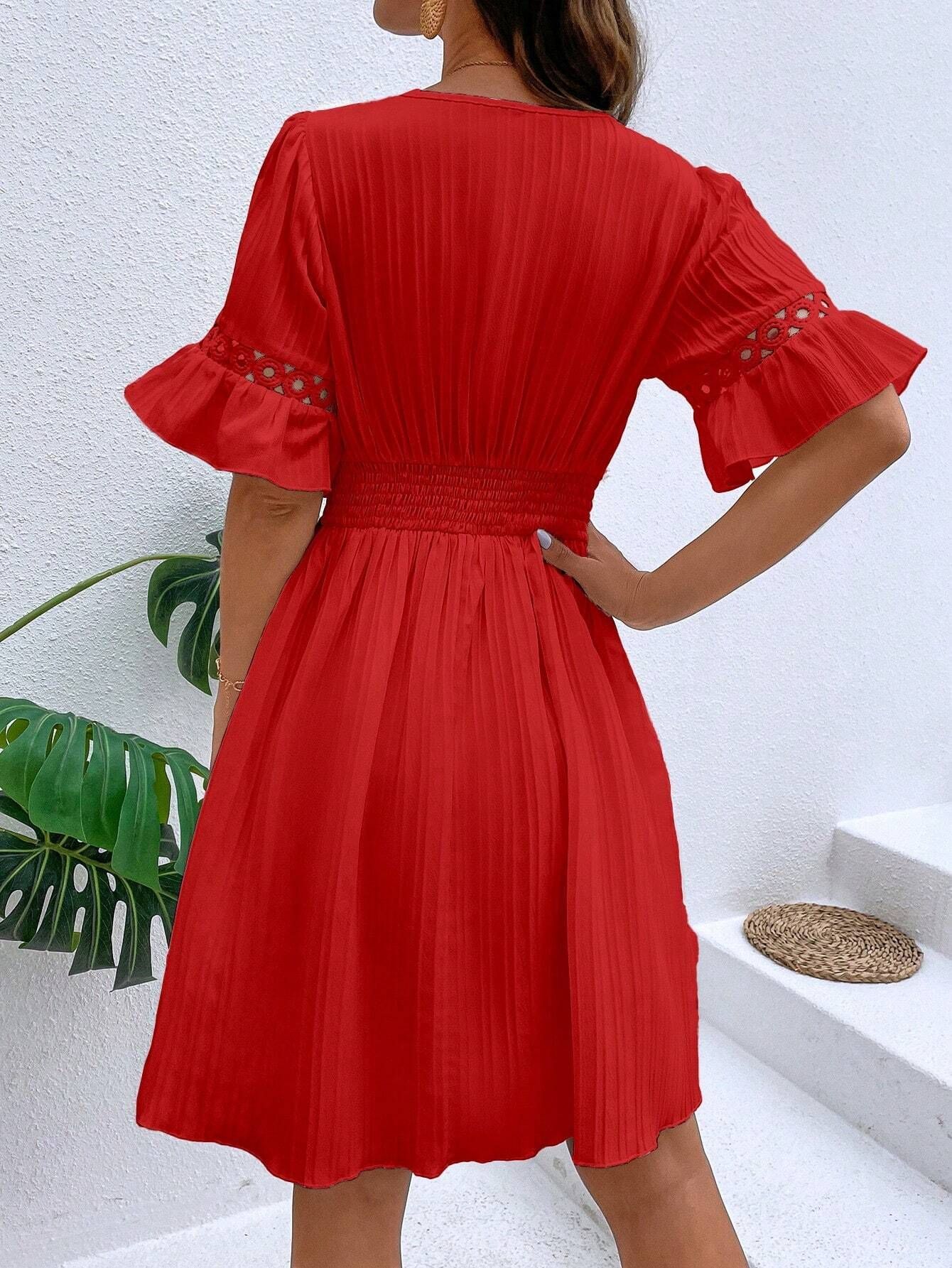 277g Weight Knee-Length Dress Length Type Half Sleeve Sleeve Length Regular Dress Dresses Type Bell Sleeve Sleeve Type Polyester Fabric Type High Waist Waist Line Holiday, Daily Occasion V Neck Neckline Slim Fit Type Solid Color Pattern Summer Season Women's Gender Lace Design Elegant, Streetwear Style Wholesale Women's Elegant Streetwear Lace Solid Color Holiday Daily V Neck Half Sleeve Regular Dress 14