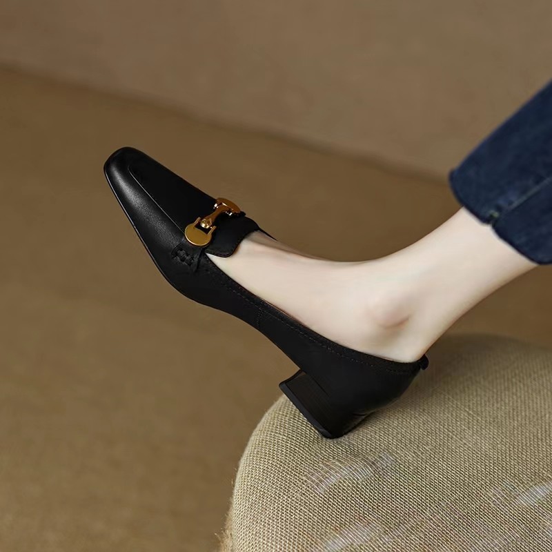 Women's soft leather retro genuine soft leather shoes small square toe medium heels thick heels autumn new women's soft leather shoes women's shoes_voghion.com