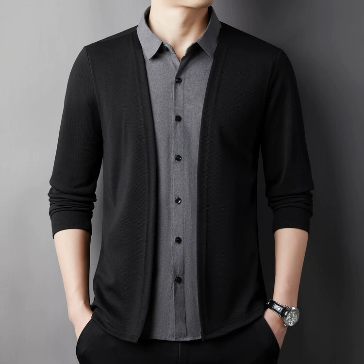 Autumn men's layered shirt-look set — cardigan with faux shirt, casual business knit, black/gray, sizes M–4XL