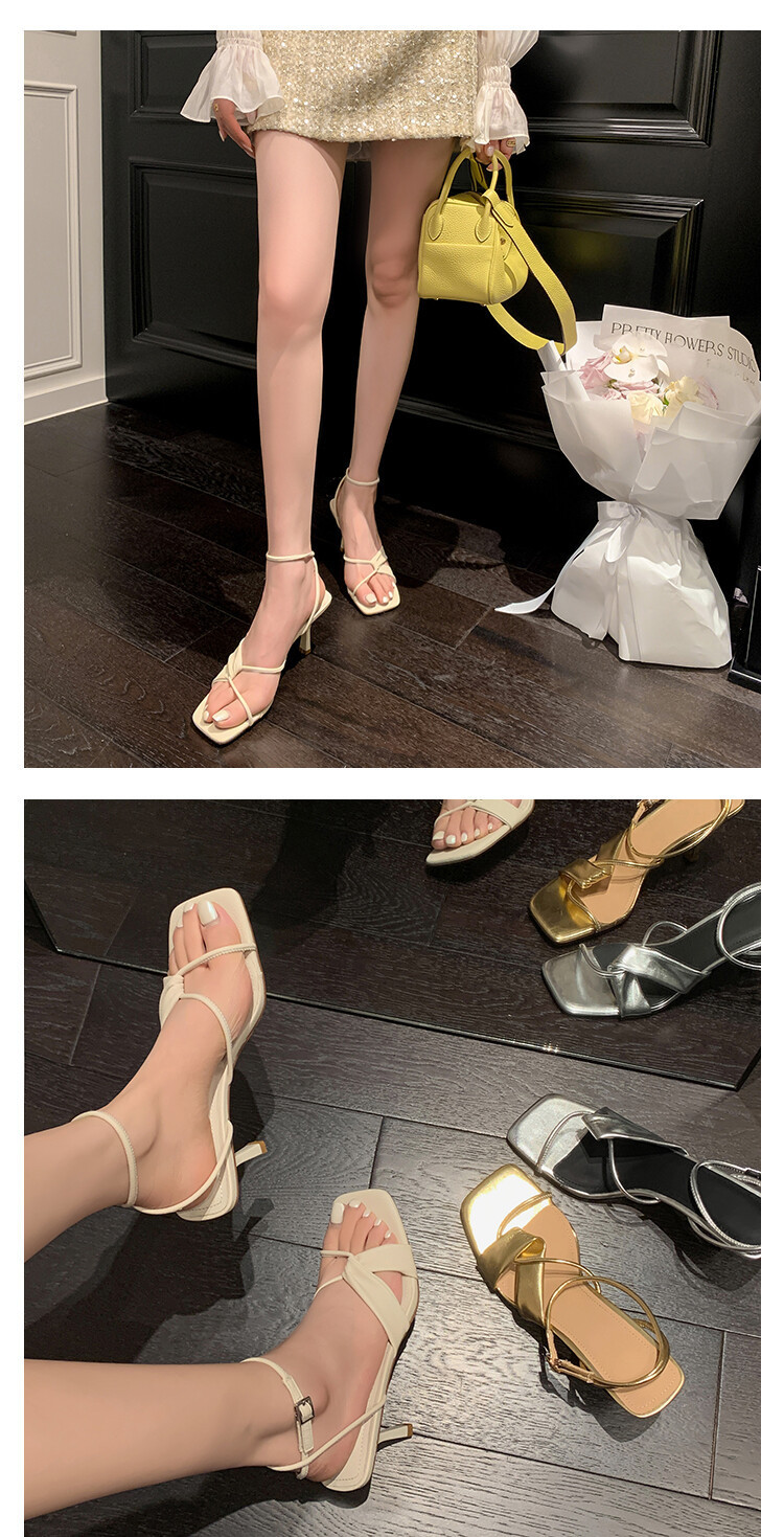 Sandal cao gót nữ hở mũi quai khóa cổ chân gót nhọn 9 cm — Màu vàng, Màu trắng be, Màu bạc chi tiết 10