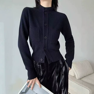 日系简约小个子毛衣女外套2025秋冬新款修身短款休闲口袋针织开衫