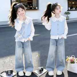 女童春秋季套装2026新款时尚马甲衬衫叠穿个性五角星牛仔裤三件套