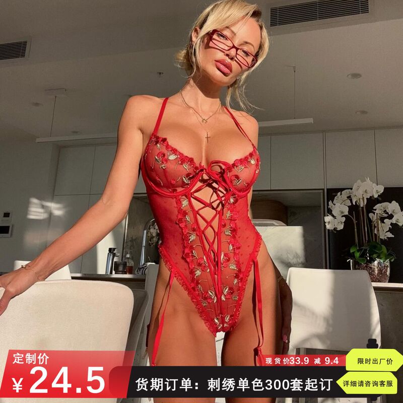 European and American Cross-Border 2026 New Style Lingerie Sexy Red Mesh Lace Patchwork Low-Cut Hollow-Out Erotic Bodysuit