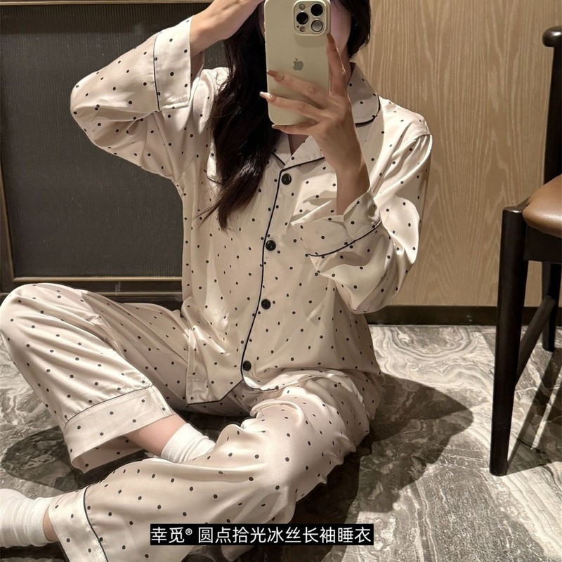 幸觅波点冰丝缎面睡衣公主风长袖长裤甜美少女家居服套装秋冬跨境|undefined