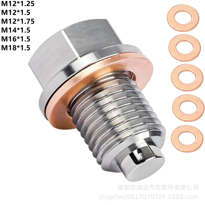 M14×1.5 Magnetic Automotive Oil Drain Screw, Stainless Steel Oil Pan Drain Bolt with 5 Copper Washers