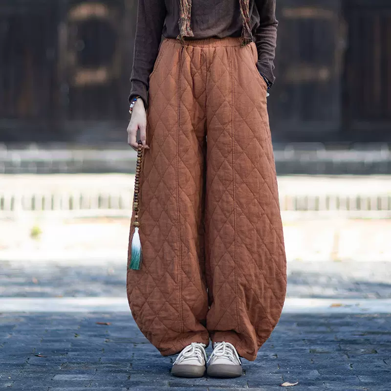 2025冬季新款棉麻女装原创复古夹棉绗缝菱形格加厚保暖灯笼棉裤