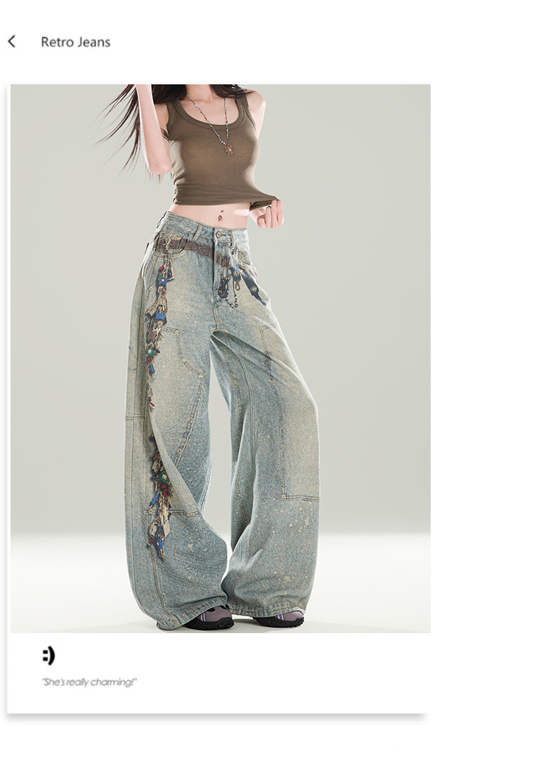 Men's Vintage Washed Print Jeans Hip-Hop Straight-Leg Loose Fit Denim Blue Breathable Polyester Blend S-3XL_mkmklike.com