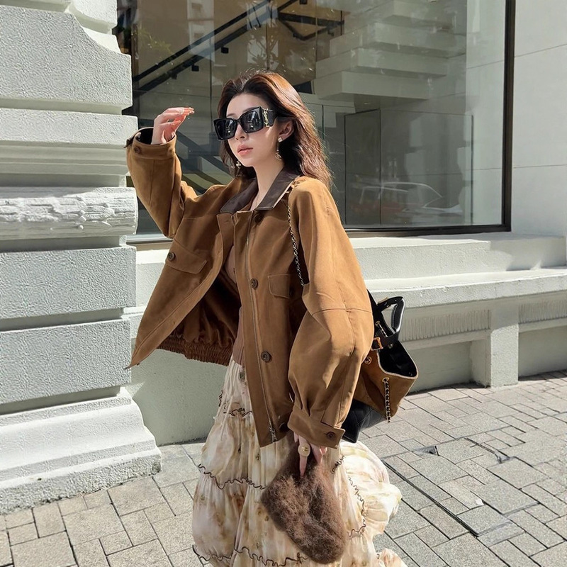 美式复古设计感做旧翻领夹克女2025秋季新款撞色拼接收腰显瘦外套|undefined