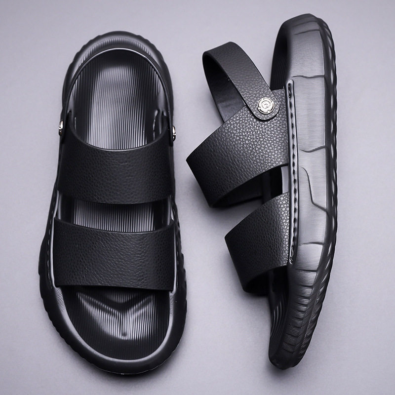 Dép lê nam da bò lớp trên cùng, đế dày, mặt mềm, kiểu sandal đi biển — GA06 màu đen, Màu nâu GA06