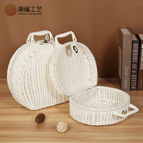 Handbag-shaped round travel suitcase, gift set for tea mooncakes, creative and unique storage box, retro woven rattan box.