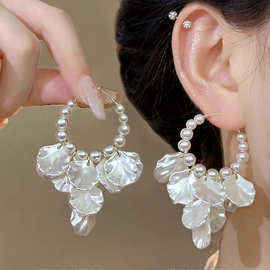 s925银针韩国简约超仙花瓣轻奢复古珍珠花瓣流苏高级设计感耳扣耳
