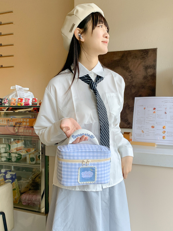 キュートでクリエイティブなガーリーハートチェック柄大容量化粧品バッグ絶妙な高価値刺繍チェック柄ハンドバッグ収納袋|undefined