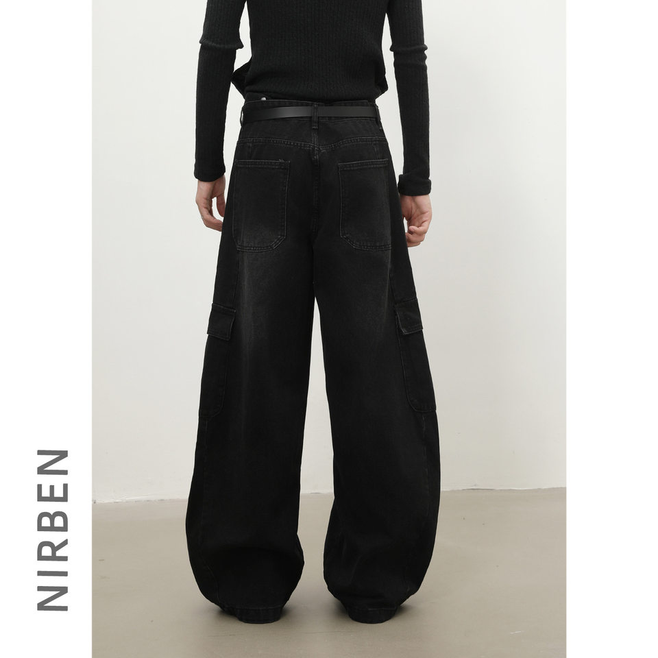 Quần jean nam ống rộng baggy phong cách retro Mỹ, nhiều túi khóa kéo, lưng giữa eo — màu xám đen