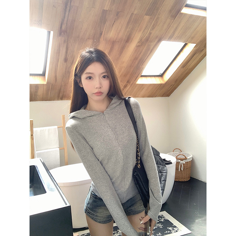 魔西女王简约灰色连帽长袖外套女秋冬别致修身显瘦拉链打底衫上衣|undefined