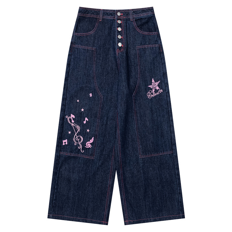 Wide-leg pants with five silver buttons on the front, pink contrast stitching, large patch pockets, musical notes, stars, spirals, trendy women's jeans Wide-leg pants with five silver buttons on the front, pink contrast stitching, large patch pockets, musical notes, stars, spirals, trendy women's jeans