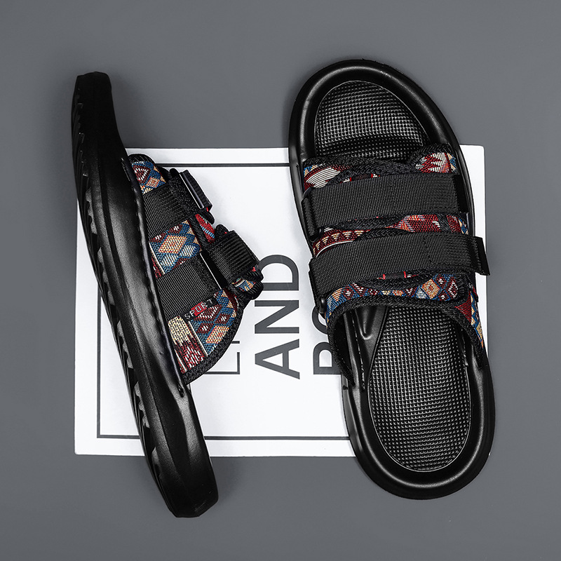 Pantuflas de velcro de tela verano nueva tendencia transpirable playa al aire libre ocio fondo plano pisando la mierda sandalias para hombres