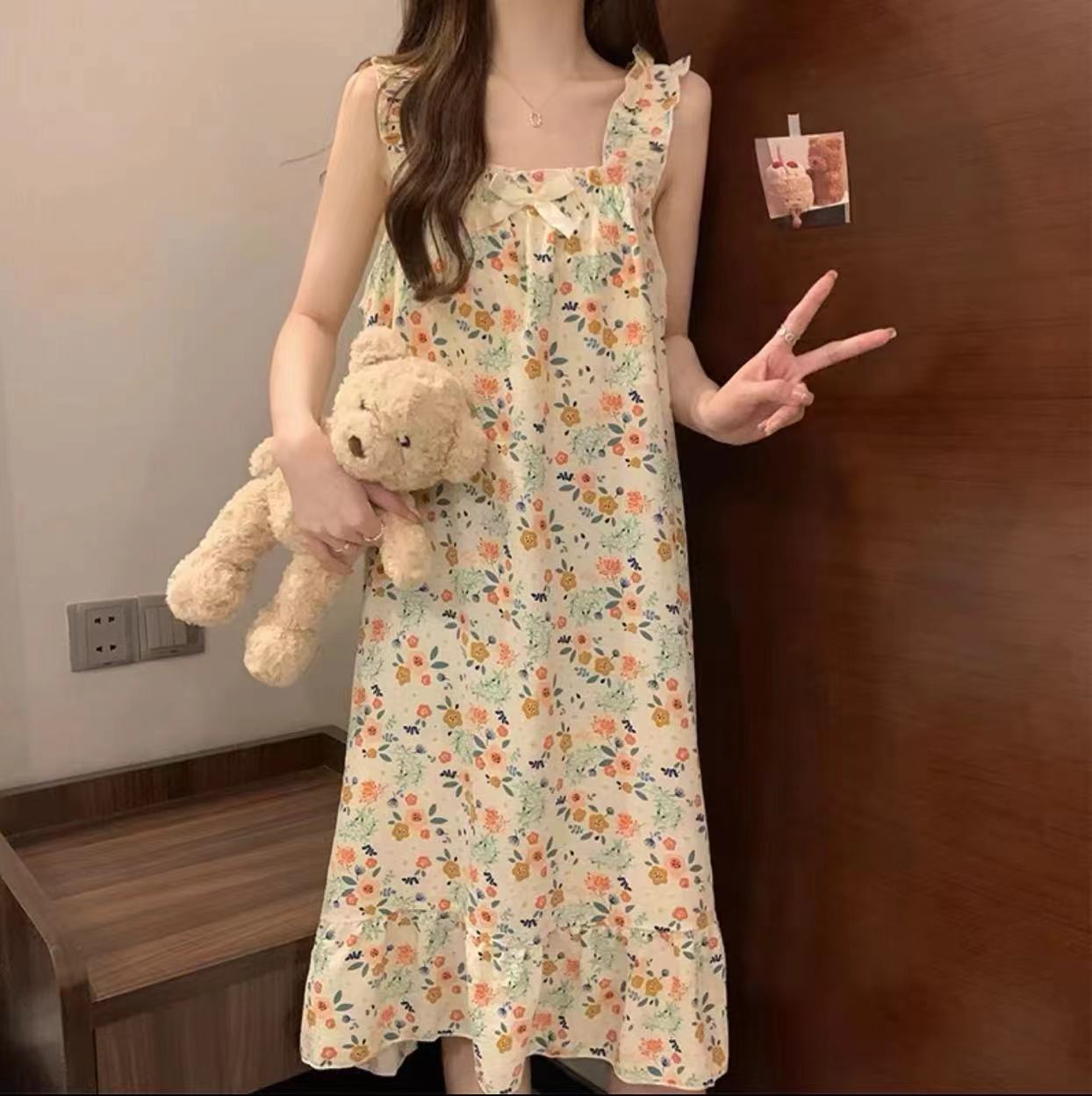 Verano nuevo pijama de algodón mujer burbuja arrugada lindos dibujos animados dulces flores literarias pijama casero al por mayor