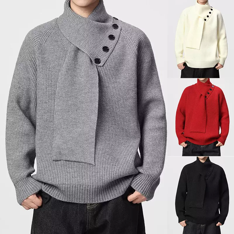围脖设计感针织衫毛衣男高级感纽扣宽松慵懒风秋冬潮外贸跨境批发