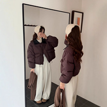 2025平湖霜林撞色皮翻领白鸭绒短款羽绒服女冬季韩系小个子加厚