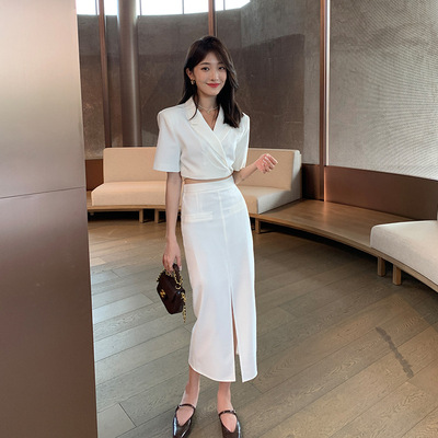 Zy設計感小衆時尚氣質系帶西裝上衣+開叉半身裙女套裝夏季68268