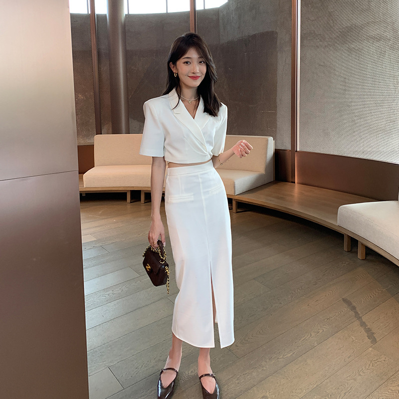 Zy設計感小衆時尚氣質系帶西裝上衣+開叉半身裙女套裝夏季68268