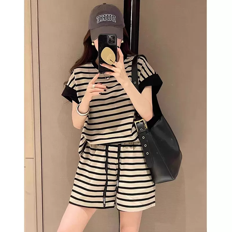 跨境外贸韩版休闲套装女条纹撞短袖卫衣显瘦减龄运动时尚两件套潮