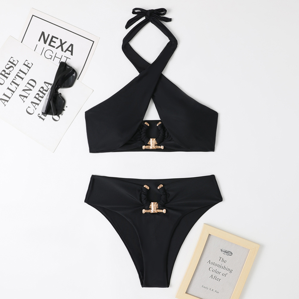 Women's Solid Colour Bikini Set Backless Sexy Metallic Accents_voghion.com