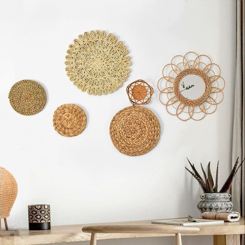 Decoración de pared bohemia escandinava ins, colgante de ratán para el hogar, decoración de pared de salón, colgante de pared
