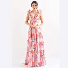 2025欧美跨境女装新款深V雪纺长款印花无袖气质花朵连衣裙晚礼服