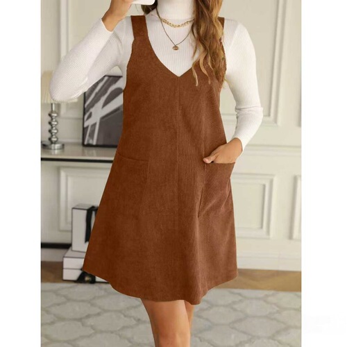 New trendy stylishcommuting casual slimming V-neck pocket solid color corduroy belt dress for women