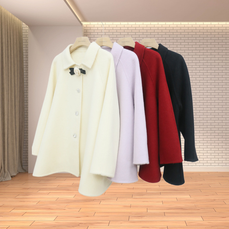 Chinese Red Festive Atmosphere Cape Mid-Length Wool Coat Christmas and Spring Festival Red Exquisite Double-Sided Woolen Outwear for Women