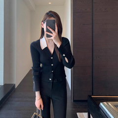 别致时髦撞色polo领羊毛混纺针织衫显瘦毛衣女2025秋冬新款