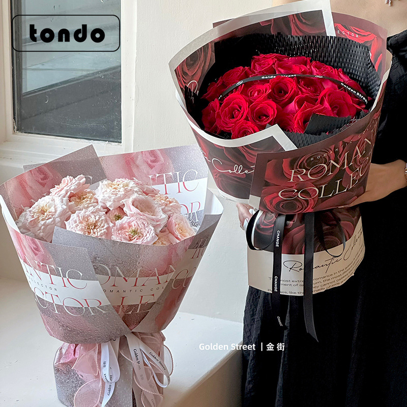 (Limpieza) Papel de regalo de flores rosas después de la lluvia, ramo romántico del Día de San Valentín, papel de regalo de flores, Material DIY
